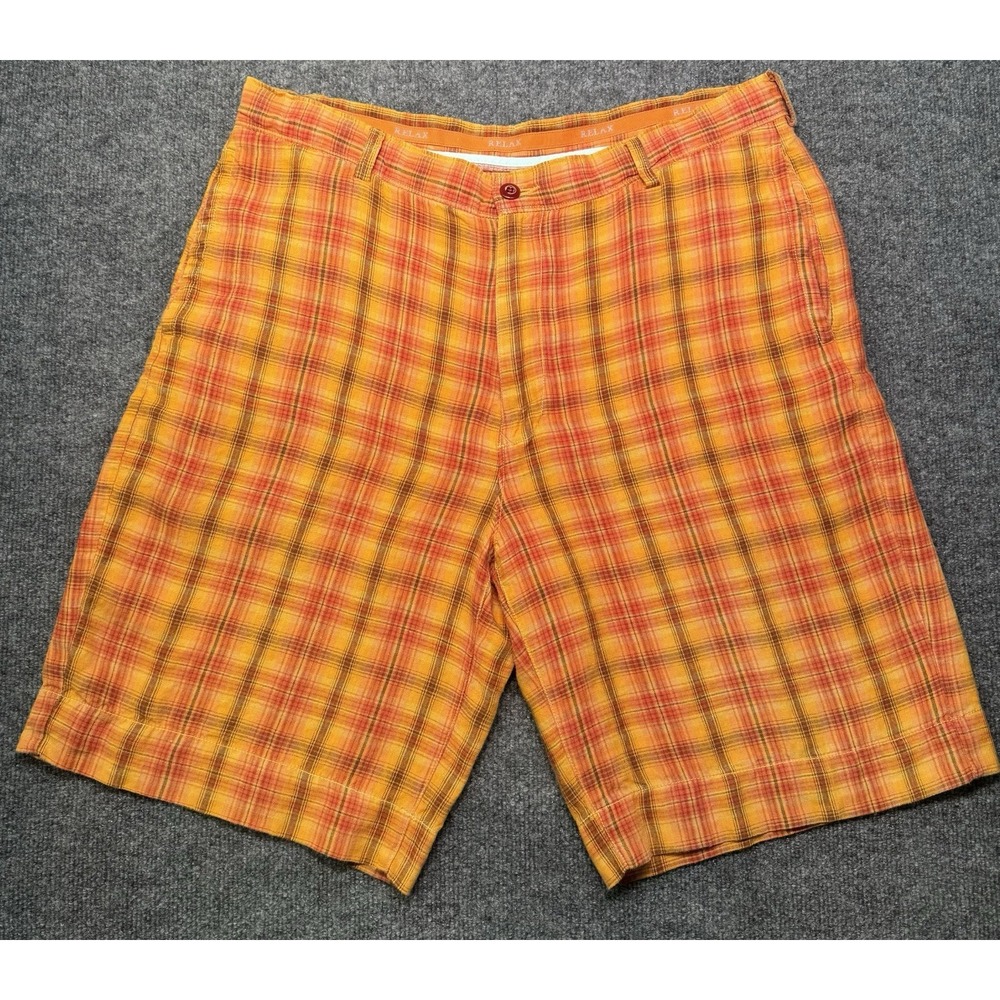 Tommy Bahama Mens 36 Linen Shorts Relax Fit Plaid Orange Tropical Beach Casual